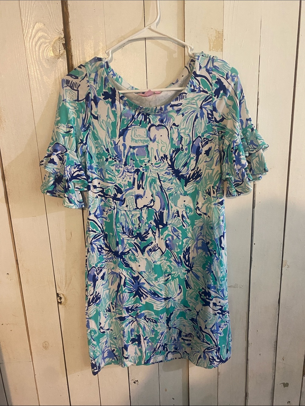 Lilly Pulitzer Aqua and Navy Abstract Ruffle-Sleeve Mini Dress